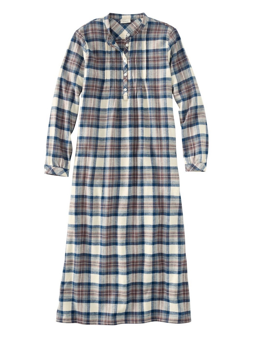 L.L. Bean Scotch Plaid Flannel Long-Sleeve Nightgown - Blue & Cream